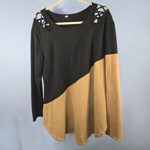Black & Tan Long Sleeve Top with Round Hem & Lattice Shoulder Size XXL (Q-2)